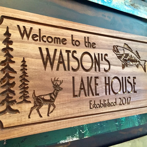 Family Lake House sign, Welcome Signs Pine Tree Pine Cone Deer Fish Primitive wood carved Sign Wooden Carved Cabin Sign, Outdoor Wood Sign