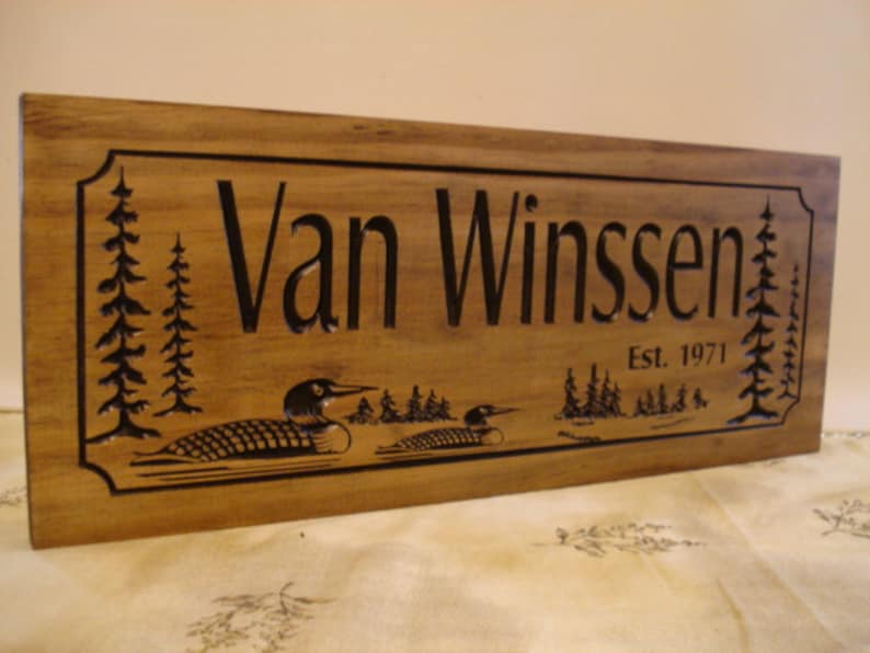 Outdoor Wooden Signs, Personalized Signs, Home away from home, Ranch Cabin Lakehouse Cottage Signs carved Loons pine trees Benchmark Signs image 2