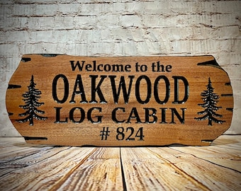 Outdoor Signs, Wooden Carved Cabin Sign, Pine Trees, Custom Wood Sign, Custom Camp Sign, Mountain Home, Personalized Rustic Home Sign