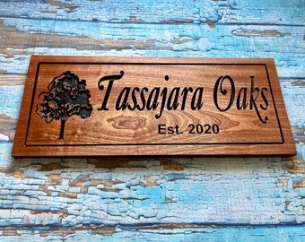 Wooden carved sign with oak tree, indoor or outdoor use customized with your last name, perfect for cabin theme decor or lake house