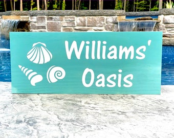 Custom Beach House Sign with Sea Shells, Personalized Lake House Signs, Pool Sign, Pool House, Backyard Decor, Poolside Sign