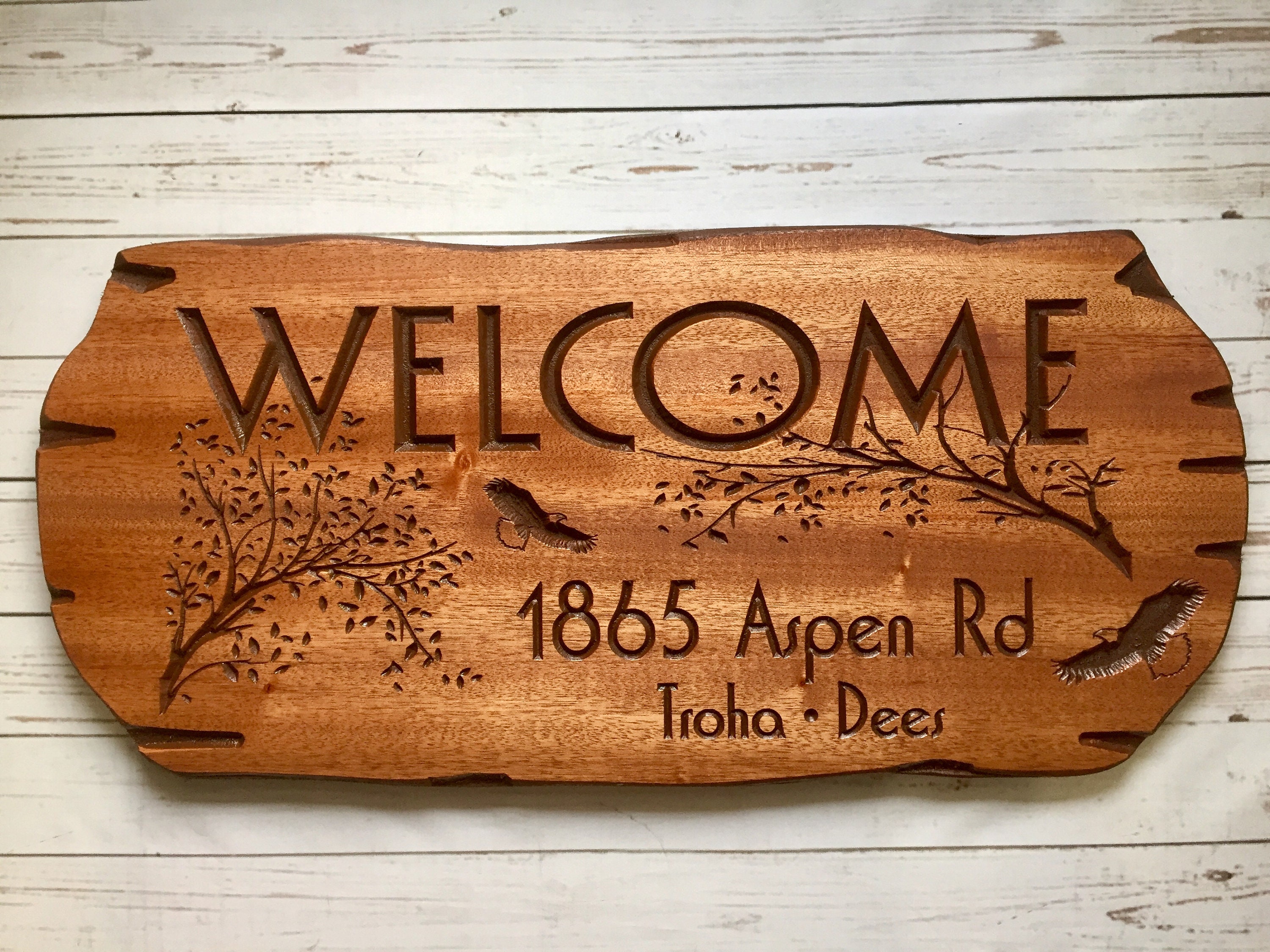 Carved Wooden Welcome Sign Nature Inspired Bird And Tree Etsy
