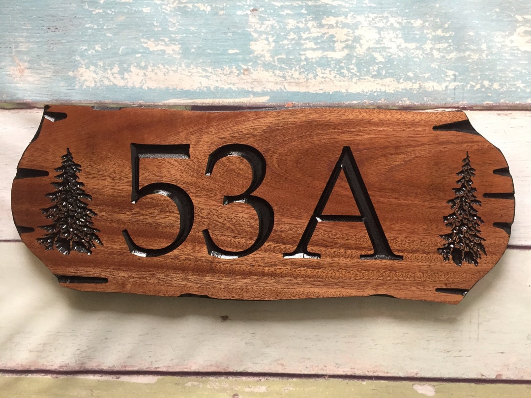 Wooden Address Sign With Large Carved Numbers, Hand Carved Rustic Edge