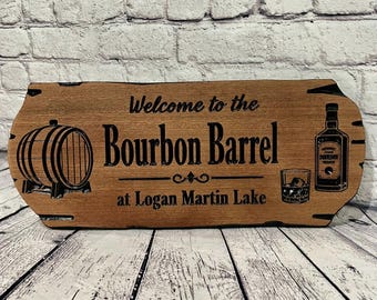 Personalized Carved Wood Bar Sign, Man Cave Decor, Bourbon Barrel Plaque