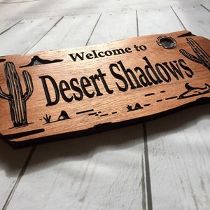 Outdoor Sign with desert theme, saguaro cactus, Rot Resistant, Wooden Carved Cabin Sign, sunshine, Camp Sign, desert skull, Benchmark Sign