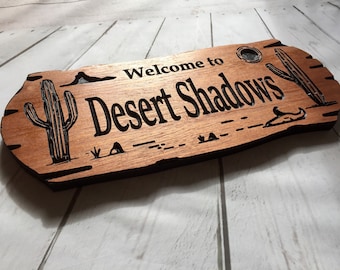 Outdoor Sign with desert theme, saguaro cactus, Rot Resistant, Wooden Carved Cabin Sign, sunshine, Camp Sign, desert skull, Benchmark Sign