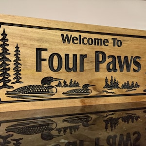 Outdoor Wooden Signs, Personalized Signs, Home away from home, Ranch Cabin Lakehouse Cottage Signs carved Loons pine trees Benchmark Signs image 1