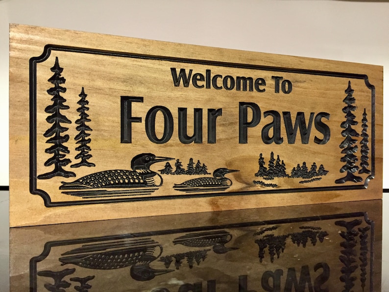 Outdoor Wooden Signs, Personalized Signs, Home away from home, Ranch Cabin Lakehouse Cottage Signs carved Loons pine trees Benchmark Signs image 1