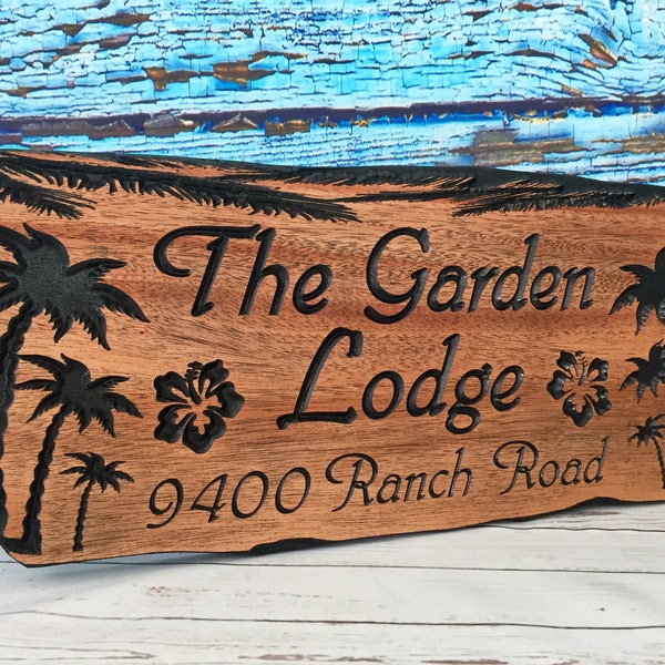 Custom Outdoor wooden Sign, beach theme, hibiscus flower, for Marina Or boathouse, Custom Carved Signs, Palm trees, tropical coastal decor