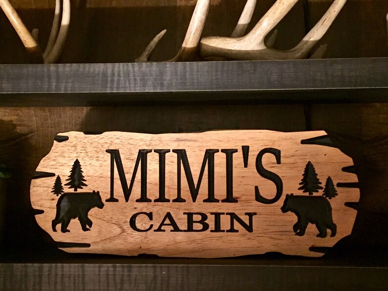 Outdoor Carved Signs, Wooden carved Signs, Custom Wood Sign, Pine Trees and Bear, Camp Sign, Cabin Decor, Lakehouse Sign, Cottage Sign, image 1