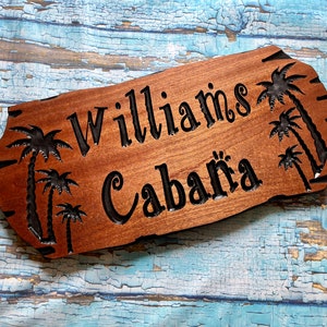 Custom Carved Wooden Beach House and Cabana Sign | Personalized Tropical Palm Tree Decor for Lake Homes and Coastal Decor