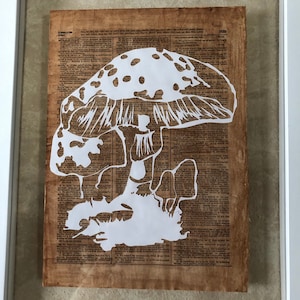 Mushroom silhouette paper cut art. Papercut tree Silhouette art. Antique Book page, library decor book lovers