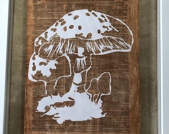 Mushroom silhouette paper cut art. Papercut tree Silhouette art. Antique Book page, library decor book lovers