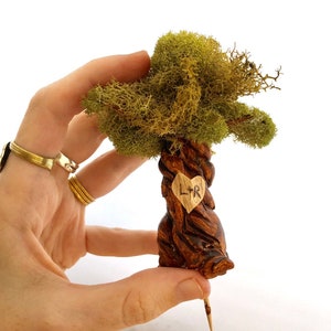 May include: A small wooden tree with a heart-shaped carving that says "L+R" and a green moss top.