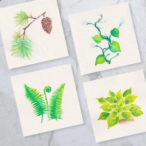 May include: Four watercolor paintings of botanical subjects on square white cards. The images include a pine branch with a cone, a vine with leaves, a fern, and a cluster of green leaves. Text reads "All four images included in one download".