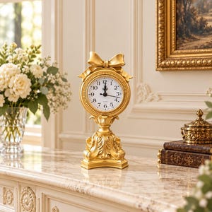 May include: A gold-colored table clock featuring a round face with black Arabic numerals and hands, topped with a decorative bow. The clock is supported by an ornate, pedestal-style base with intricate carved details and a circular frame.
