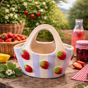 May include: A ceramic basket with a handle, featuring a pattern of vertical light purple and cream stripes decorated with raised, three-dimensional red strawberry motifs with green leaves attached to the exterior surface.