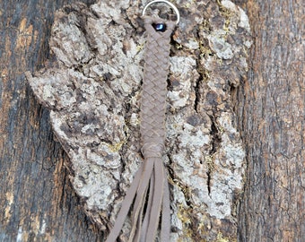 Leather Keychain with Fringe, Hand Braided Khaki Tan Handbag Charm, Leather Purse Tassel, Fringed Leather Accessories from The Hidden Meadow