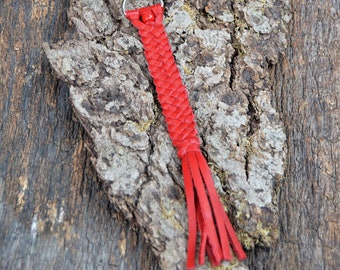 Red Leather Keychain, Bag Charm, Purse Decoration, Red Leather Fringed Braided Accessories, Little Gifts from The Hidden Meadow