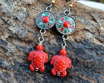 Turtle Earrings, Red Stone Turtles with Enameled Metal Flowers, Animal, Nature, Critter Jewelry, Handmade Accessories from The Hidden Meadow