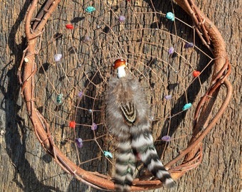 Large Natural Dreamcatcher, Earthy Rustic Wooden Native American Made Gemstone Amethyst Mushroom Wall Window Decor from The Hidden Meadow