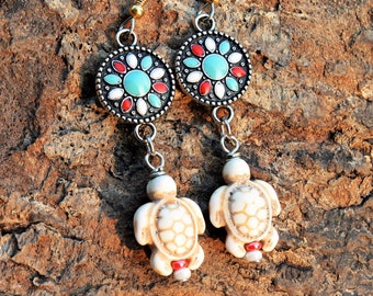 Stone Turtle Earrings, Ivory Colored Stone Turtles with Enameled Flower Connectors, Animal Nature Earthy Accessories from The Hidden Meadow