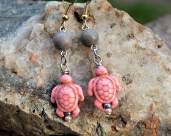 Pink Turtle Earrings Stone Turtles with Pink Zebra Jasper Dangle Drop Nature Animal Jewelry Handmade Accessories from The Hidden Meadow