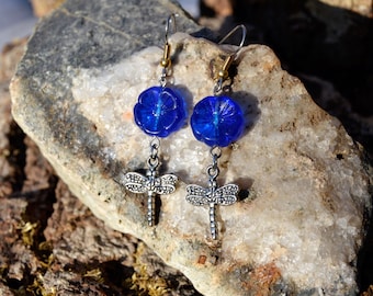 Dragonfly Earrings with Cobalt blue Czech Hawaiian Flower, Insect, Bug, Flower, Nature Jewelry Gifts for her from The Hidden Meadow