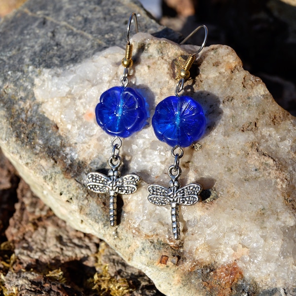 Dragonfly Earrings with Cobalt blue Czech Hawaiian Flower, Insect, Bug, Flower, Nature Blue Gifts Jewelry Accessories from The Hidden Meadow