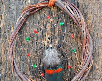 Natural, Earthy, Dream Catcher with Coral and Shell Red, Green, Black Native American Rustic Wooden Wall Window Decor from The Hidden Meadow