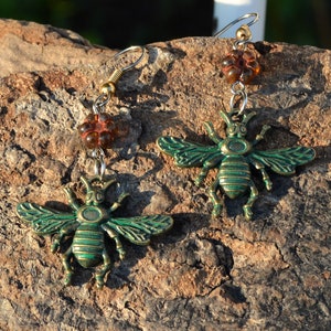 Bee Earrings with Czech Glass Flowers, Insect Flower Jewelry, Patina Honeybee, Hypoallergenic Dangle Earrings