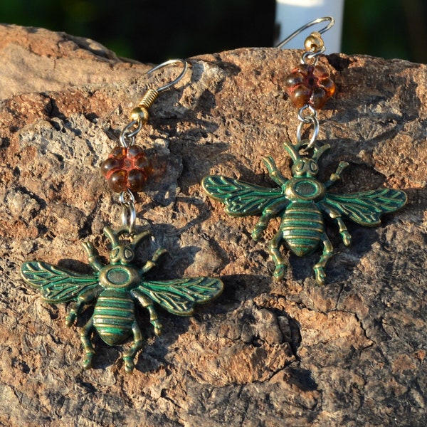 Bee Earrings with Czech Glass Flowers, Insect Jewelry, Patina Honeybee, Flower Jewelry, Handmade Accessories from The Hidden Meadow