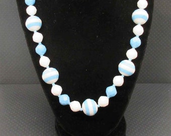 HONG KONG Signed Blue and White Bead Single Strand Necklace