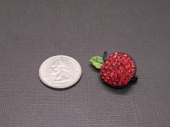 Tiny Ruby Red Rhinestone Apple Japanned Black Bro… - image 3