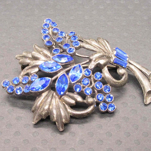 Sapphire Blue Navette Baguette Rhinestone Floral Pewter Tone Brooch