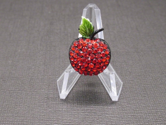 Tiny Ruby Red Rhinestone Apple Japanned Black Bro… - image 1
