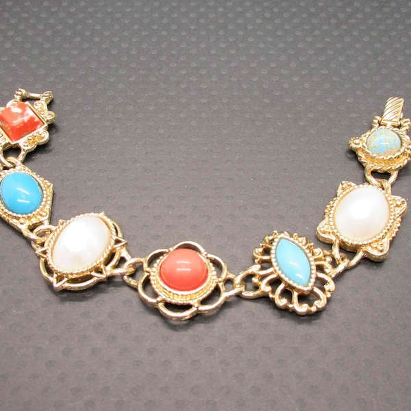 SARAH COVENTRY Signed Multi Colored Cabochon & Filigree Gold Bracelet