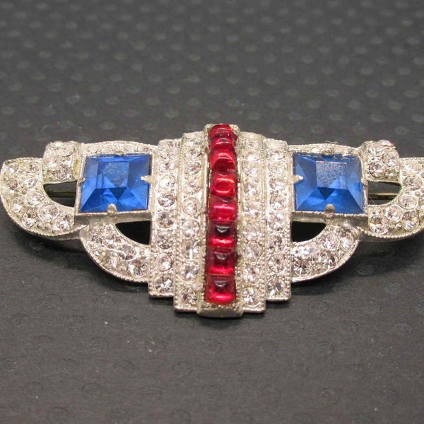 Art Deco Era Crystal Pave Ruby Sapphire Cabochon Pot Metal Brooch