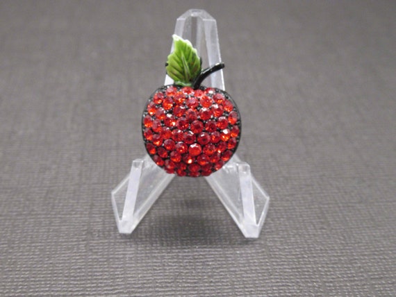 Tiny Ruby Red Rhinestone Apple Japanned Black Bro… - image 4