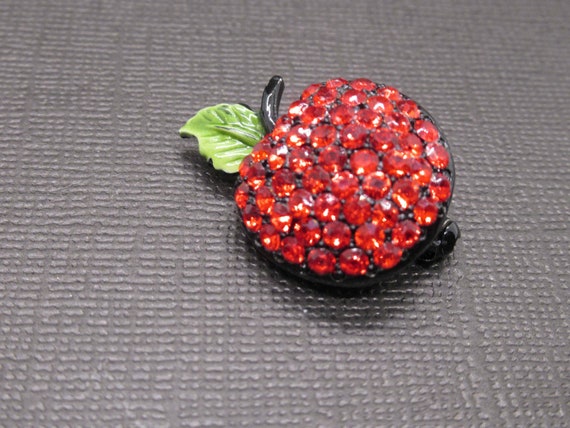 Tiny Ruby Red Rhinestone Apple Japanned Black Bro… - image 2
