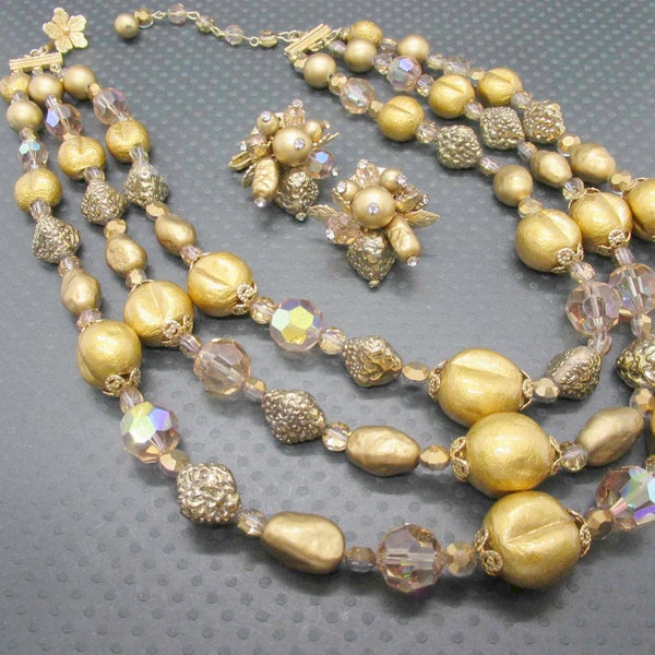 VENDOME Signed Triple Strand Gold Tone Bead Necklace & Earrings