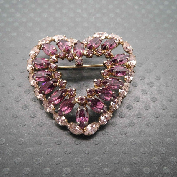 JAY FLEX STERLING Amethyst and Light Amethyst Navette Rhinestone Heart Shaped Brooch - Signed