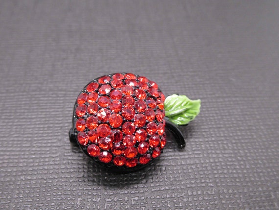 Tiny Ruby Red Rhinestone Apple Japanned Black Bro… - image 5