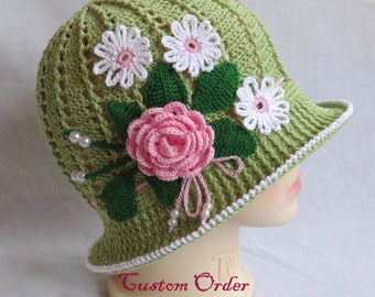 Hand Made Flower Crocheted Panama Hat-Spring Summer hat.