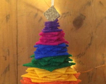 Rainbow Felt & Felted Wool Christmas Tree Ornament, stocking stuffer, hostess gift