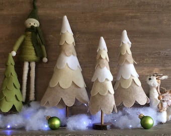 Christmas Decorations, Felt / Felted Wool Christmas Tree, Sewn & Stacked Tree, Oatmeal, Cream, White, Nativity and Holiday Scene Decor