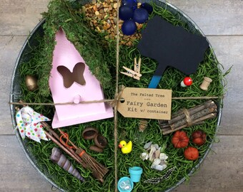 Fairy garden kit with container, DIY, Pink, Yellow, Turquoise or Purple Butterfly fairy house, galvanized washtub
