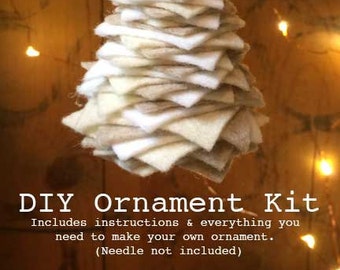 Christmas ornament DIY Kit, Felt & Felted Wool Christmas Tree Ornament, Oatmeal, Cream, White