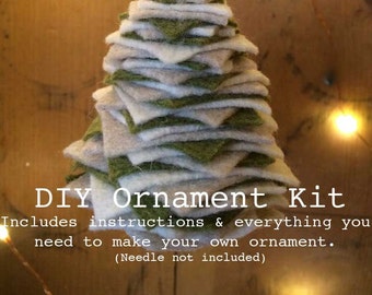 Christmas ornament DIY Kit, Felt & Felted Wool Christmas Tree Ornament, Green, Oatmeal, Cream.