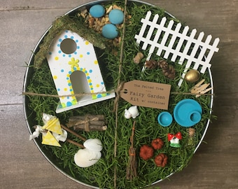 Fairy garden kit with container DIY, yellow & blue dot flower pin, white base galvanized outdoor container, fairy add on